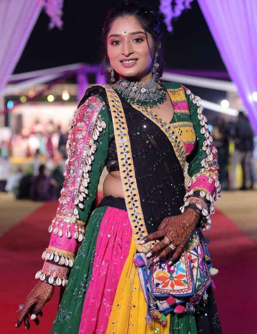 Multicolor cotton print mirror work gujarati garba ghagra navratri lehenga chaniya choli