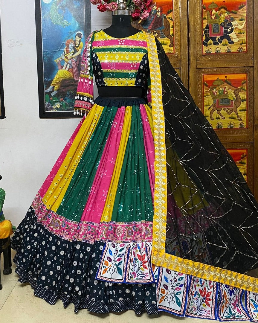 Multicolor cotton print mirror work gujarati garba ghagra navratri lehenga chaniya choli