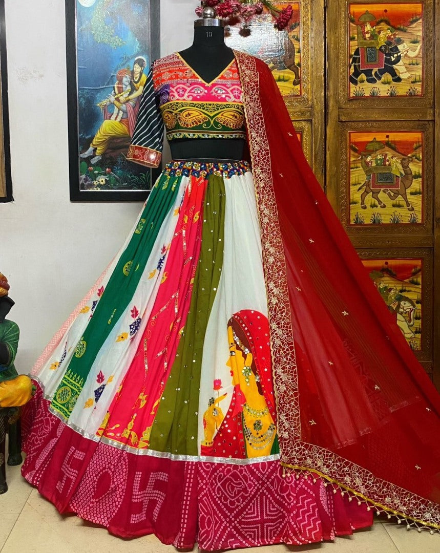 Multicolor cotton print mirror work gujarati garba navratri lehenga chaniya choli