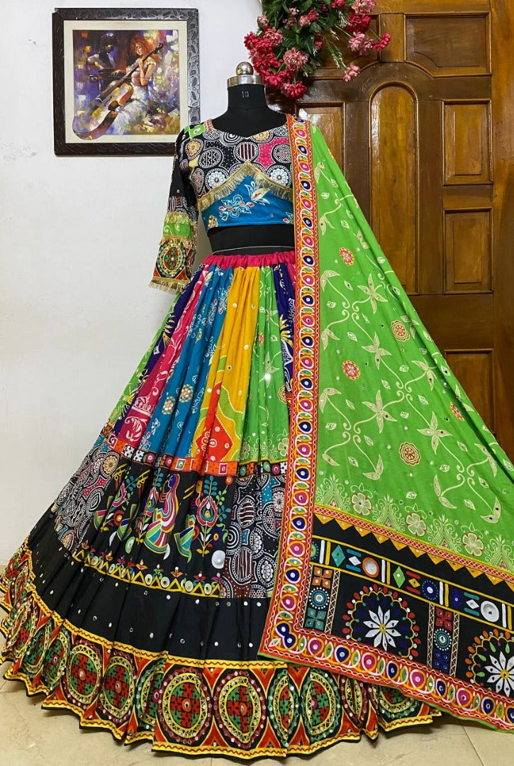 Multicolor cotton print mirror work gujarati garba navratri lehenga chaniya choli