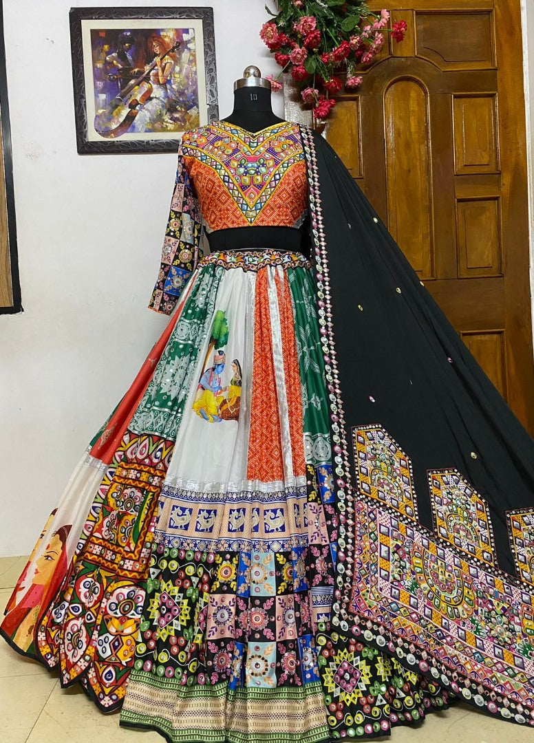 Multicolor digital print and real mirror work navratri festival lehenga choli