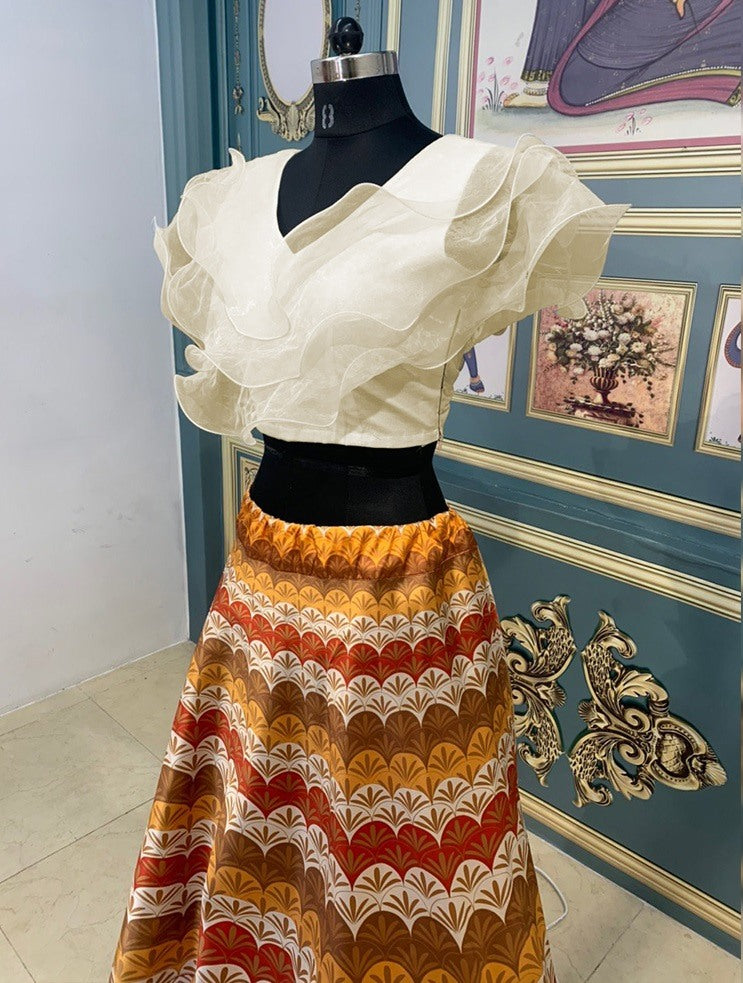 Multicolor digital printed taffeta silk crop top lehenga