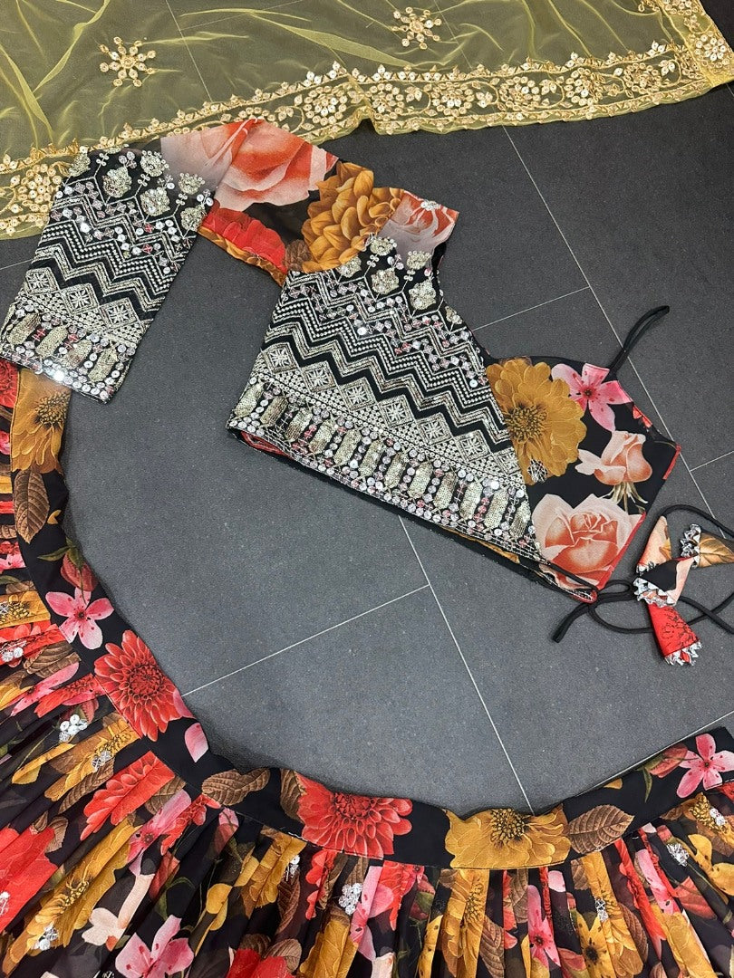 Multicolor georgette flower printed embroidered designer lehenga choli