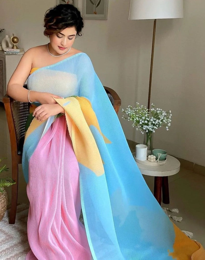 Multicolor georgette pleated designer printed saree