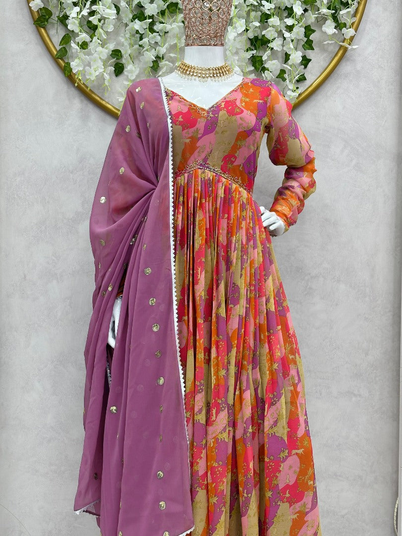Multicolor georgette print and handwork alia cut suit