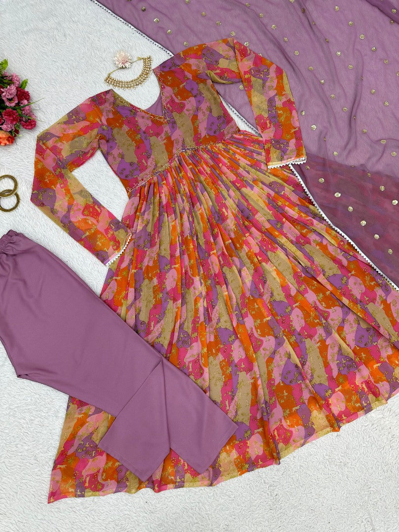 Multicolor georgette print and handwork alia cut suit