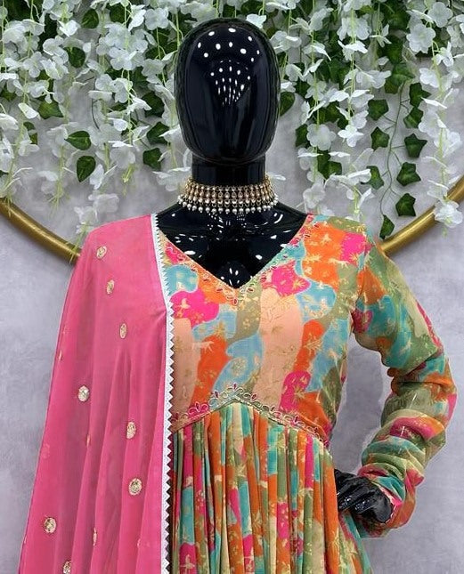 Multicolor georgette print and handwork alia cut suit