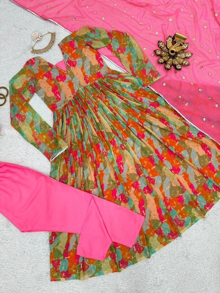 Multicolor georgette print and handwork alia cut suit