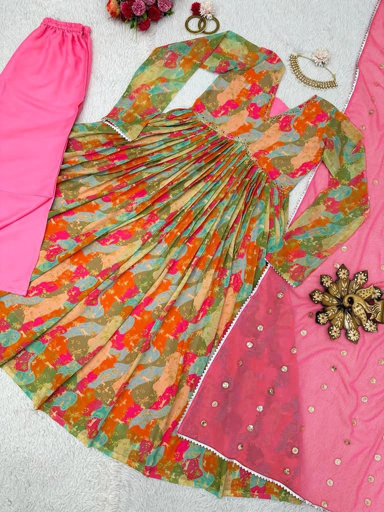 Multicolor georgette print and handwork alia cut suit