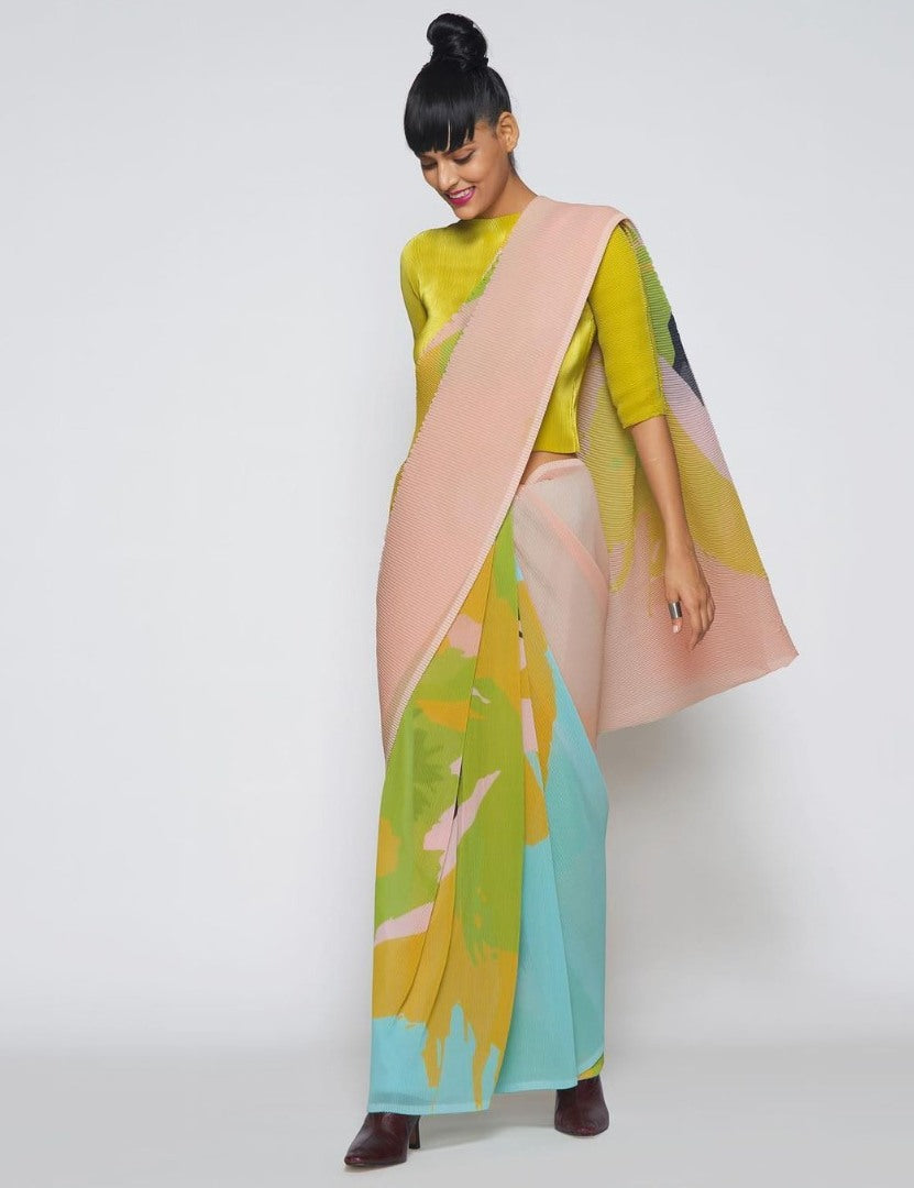 Multicolor georgette printed pleated saree
