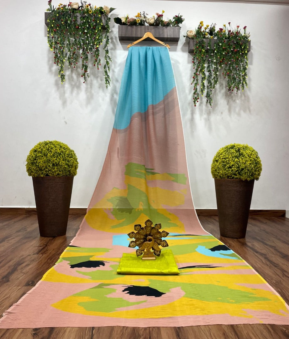 Multicolor georgette printed pleated saree