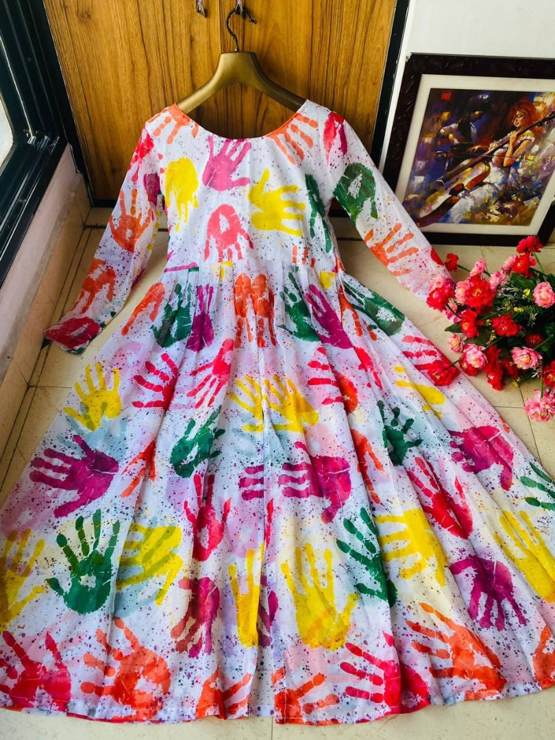 Multicolor hand print white holi festival kurti