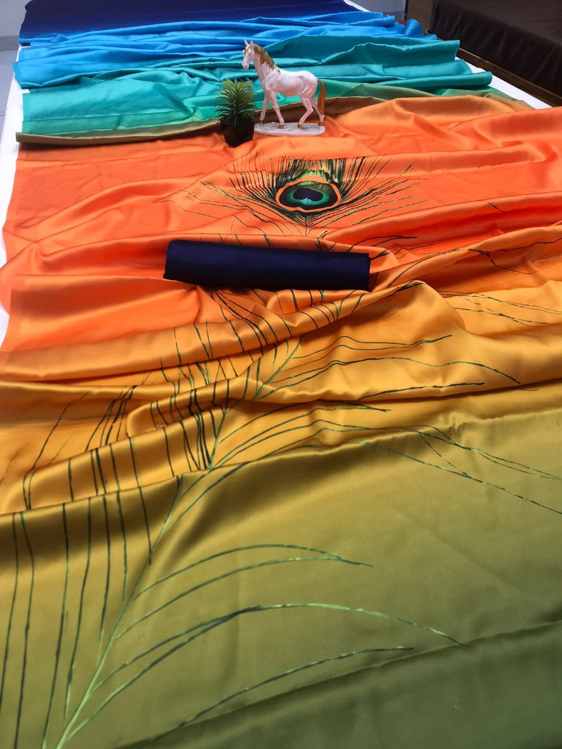 Multicolor japan satin morpinchh printed fancy party wear saree