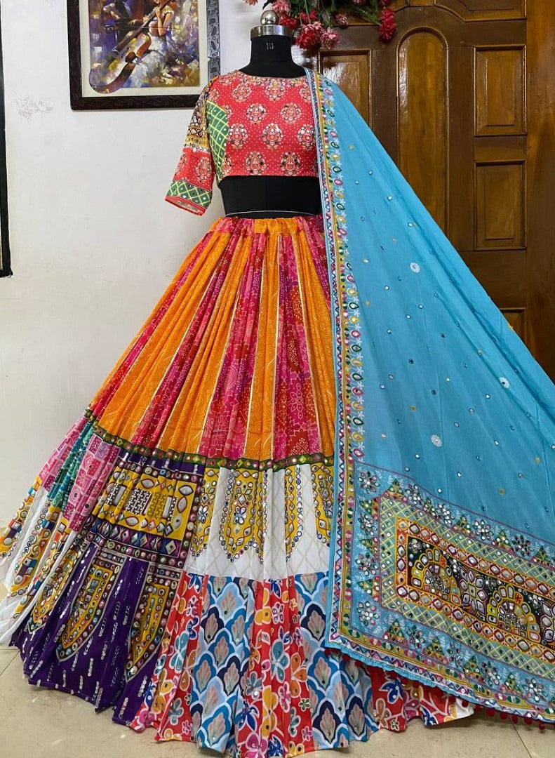 Multicolor muslin cotton gujarati garba navratri lehenga chaniya choli