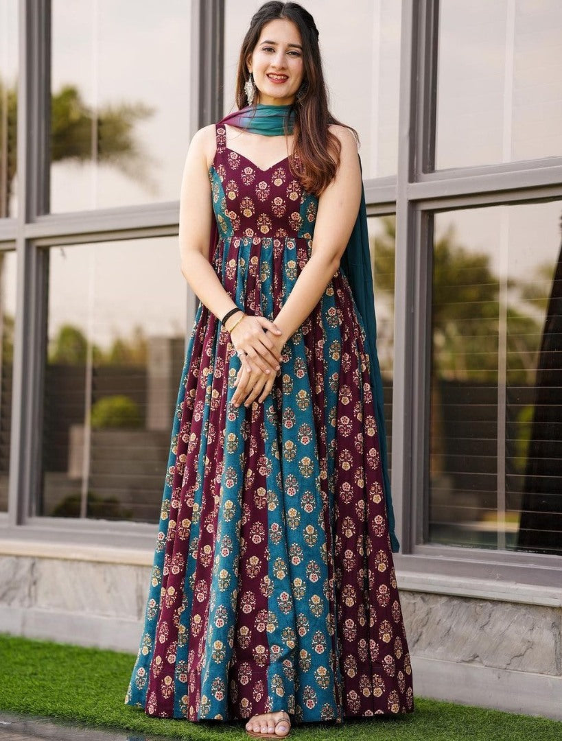 Multicolor muslin cotton printed gown