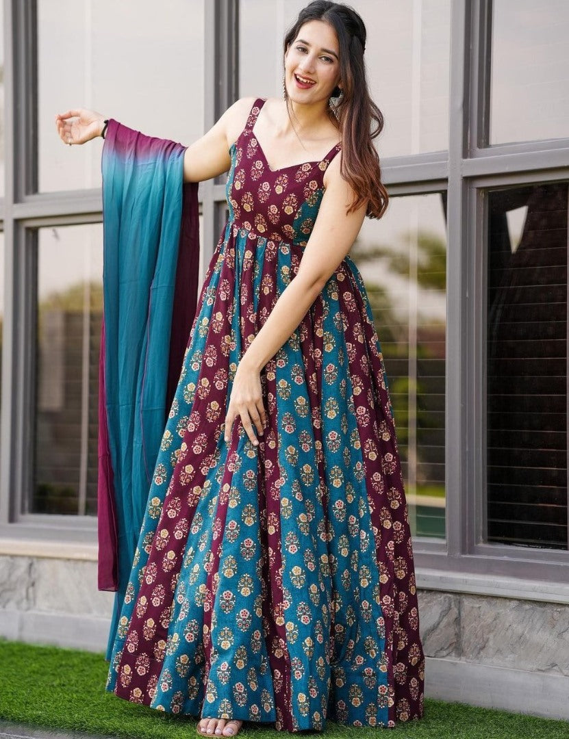 Multicolor muslin cotton printed gown