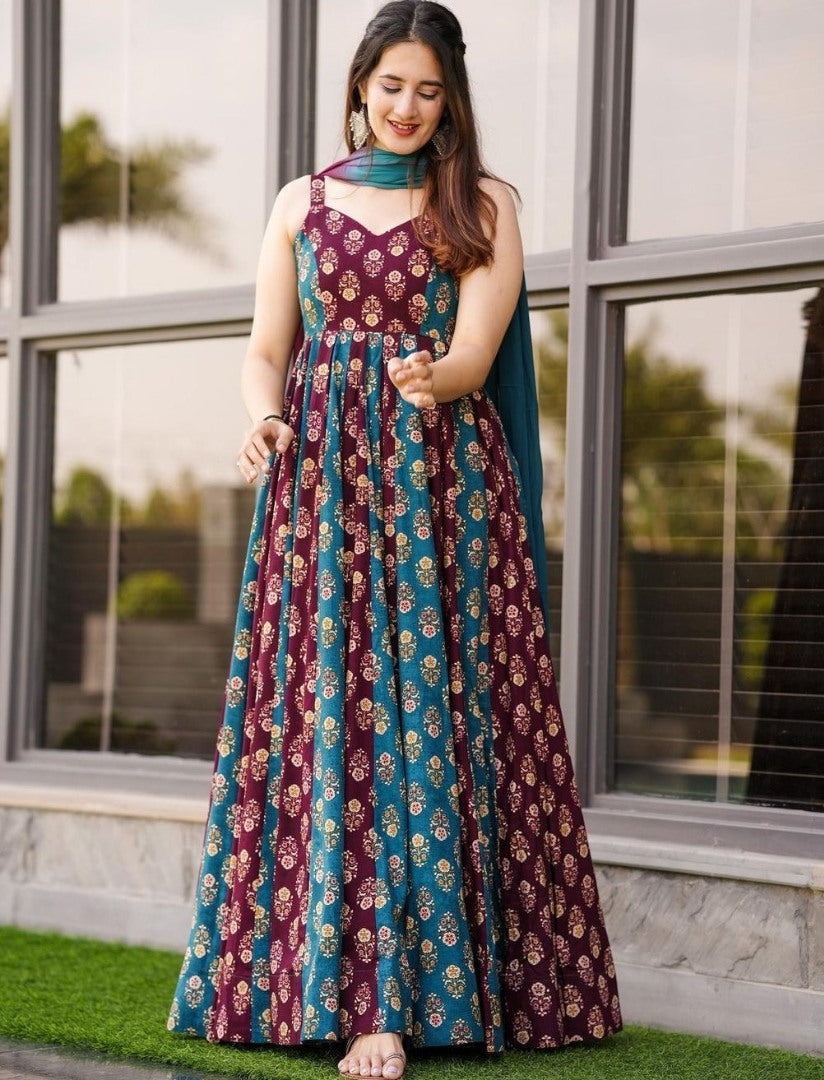 Multicolor muslin cotton printed gown