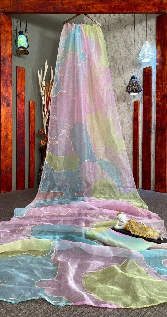 Multicolor organza print and sequence embroidered saree