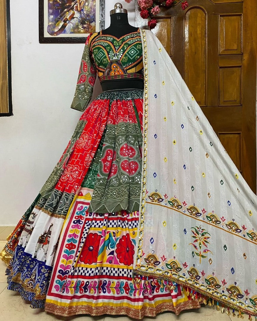 Multicolor print and mirror work gujarati garba navratri lehenga chaniya choli