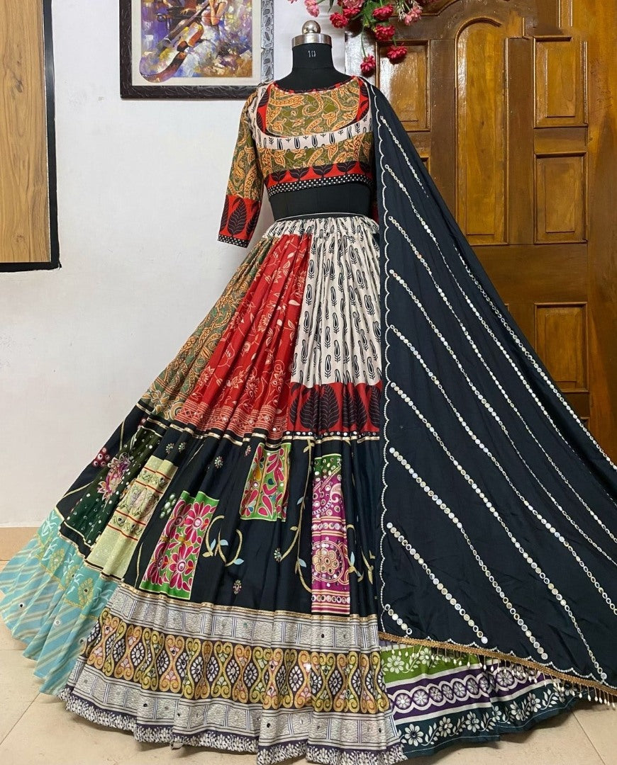 Multicolor printed and mirror work gujarati garba navratri lehenga chaniya choli