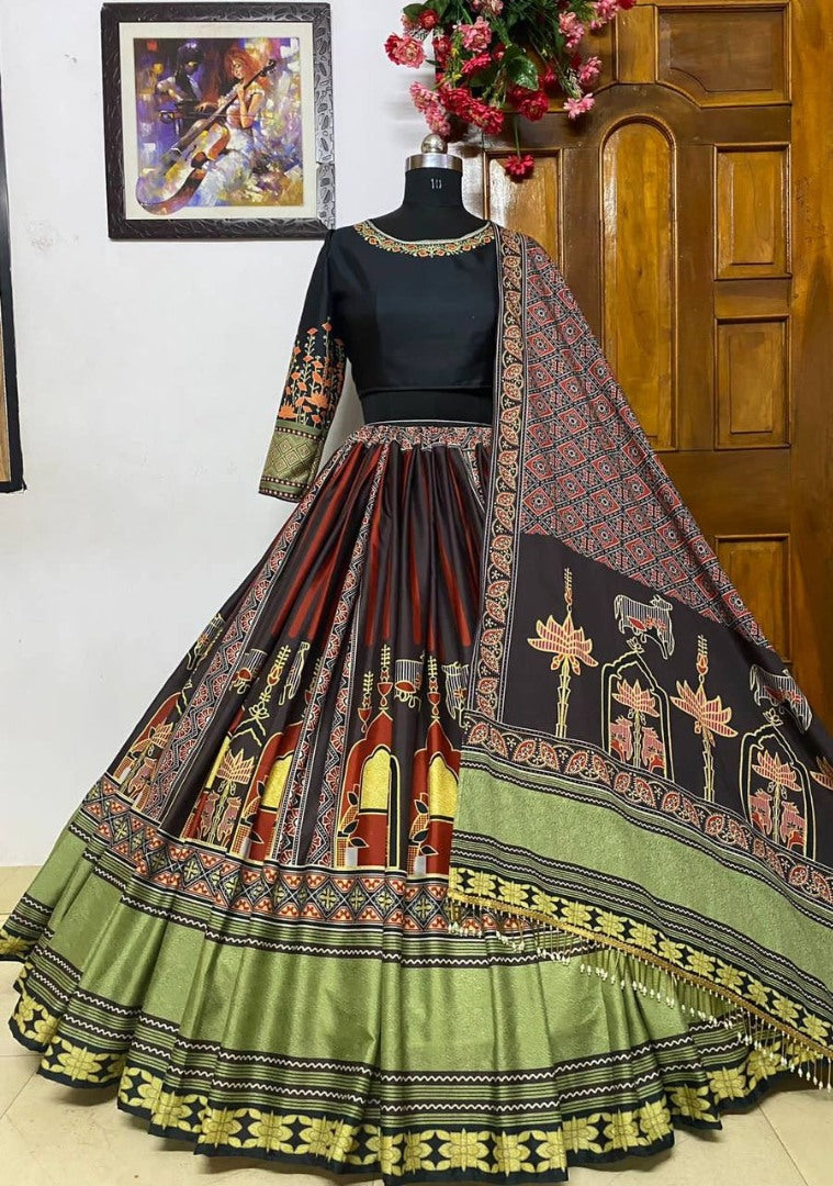 Multicolor printed and mirror work gujarati garba navratri lehenga chaniya choli