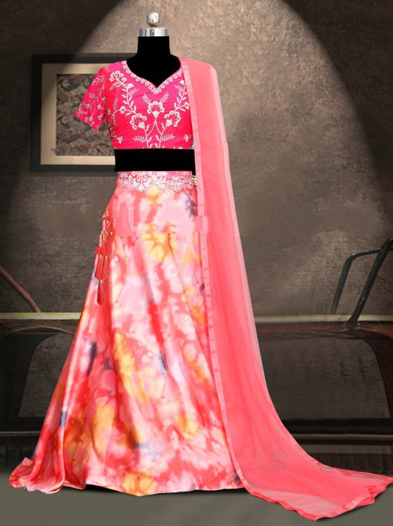 Multicolor printed japan crepe silk lehenga choli for ceremony