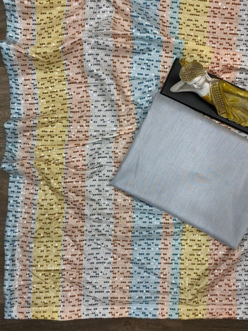 Multicolor rangoli silk printed and heavy sequence work saree