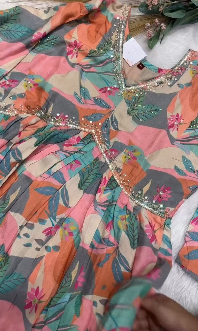 Multicolor rayon printed hand work alia cut designer kurti
