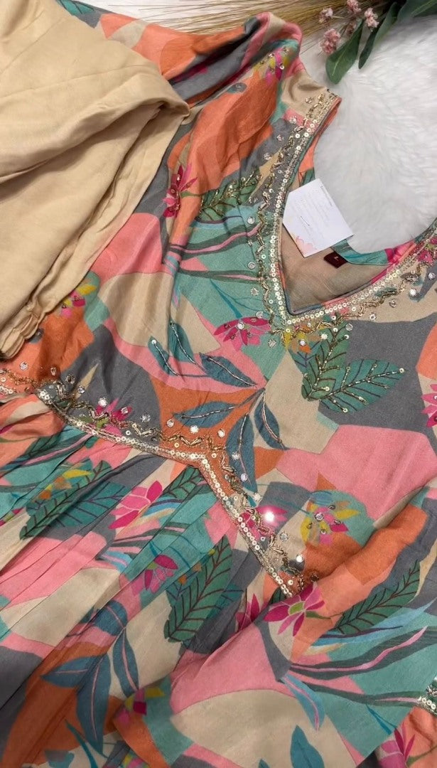 Multicolor rayon printed hand work alia cut designer kurti
