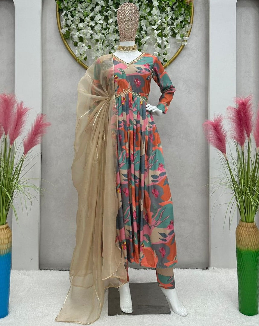 Multicolor rayon printed hand work alia cut designer kurti