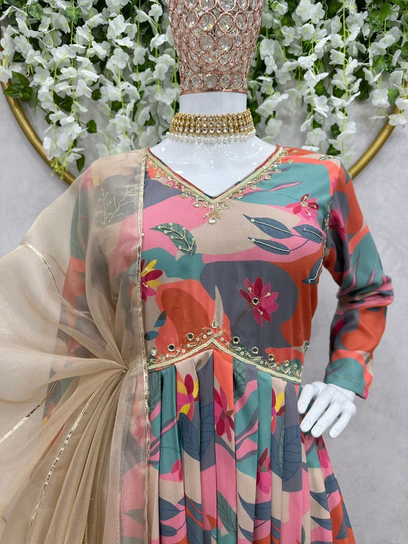 Multicolor rayon printed hand work alia cut designer kurti