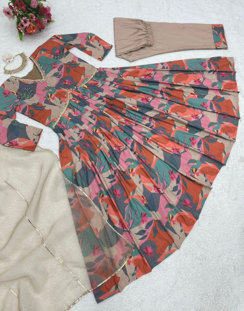 Multicolor rayon printed hand work alia cut designer kurti