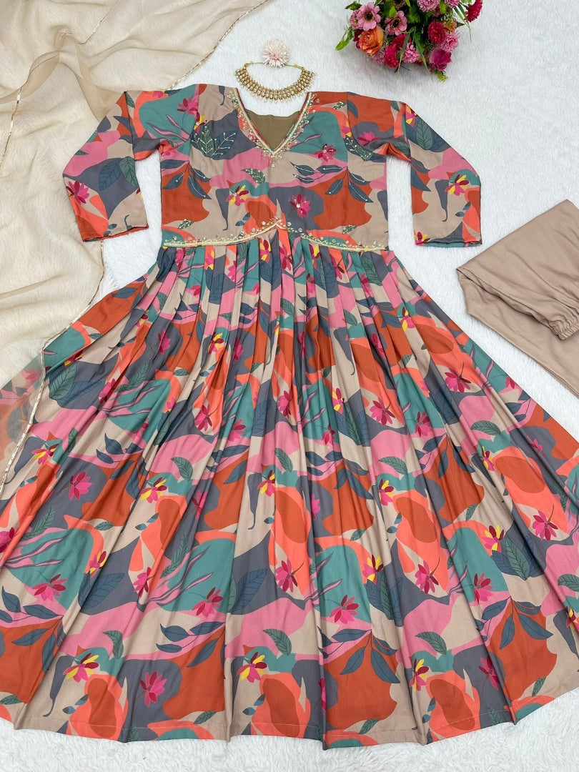 Multicolor rayon printed hand work alia cut designer kurti