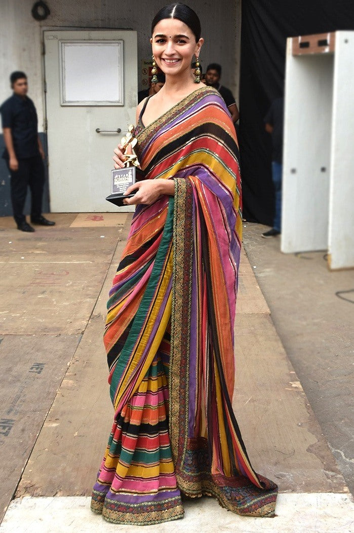 Multicolor strip chinon silk designer wedding saree