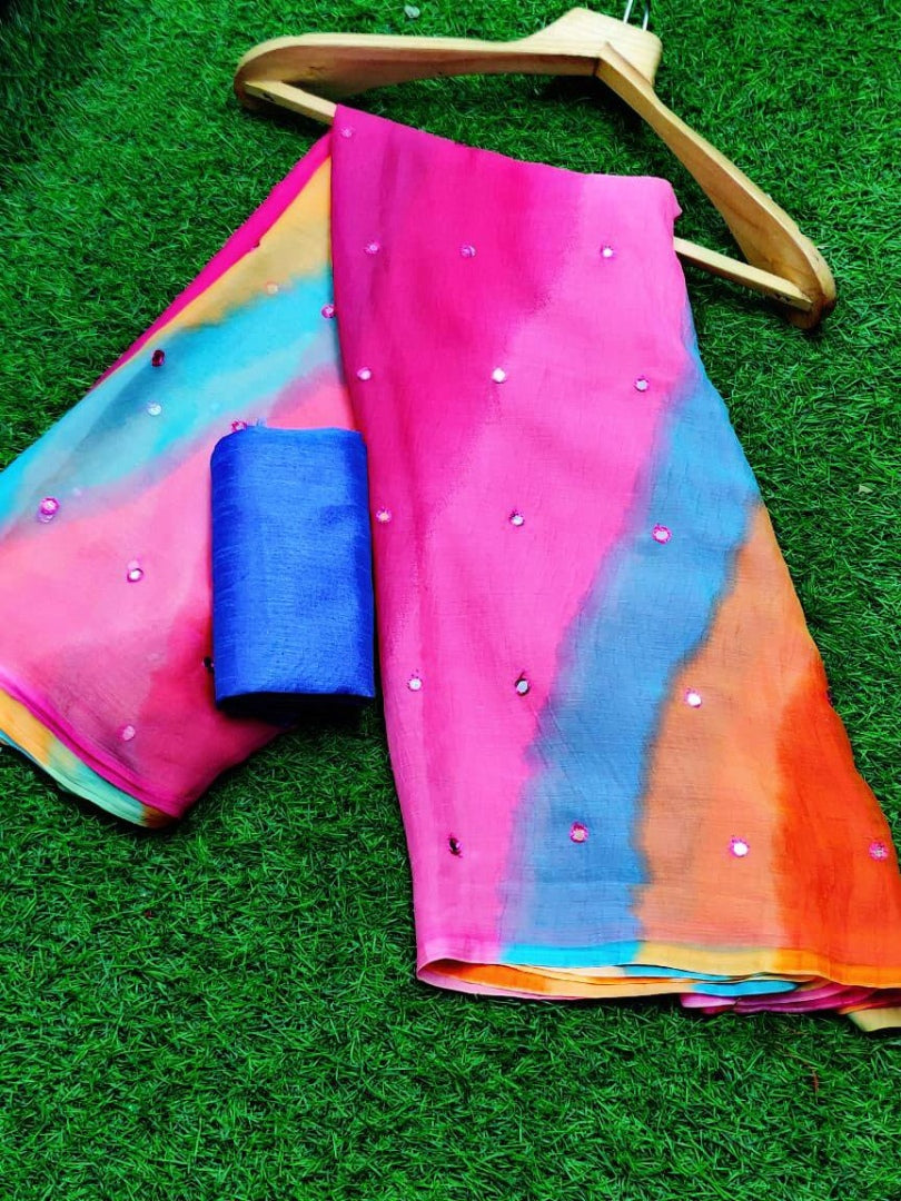 Multicolor strip printed moss chiffon stylist saree