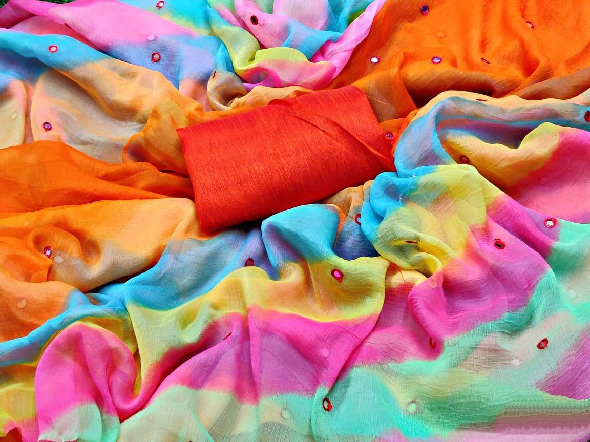 Multicolor strip printed moss chiffon stylist saree