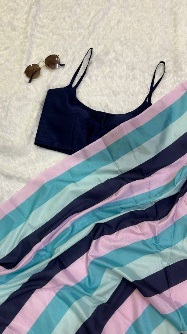 Multicolor stripe printed stylish satin saree