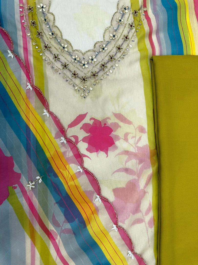 Multicolor tabby silk printed and handwork salwar suit