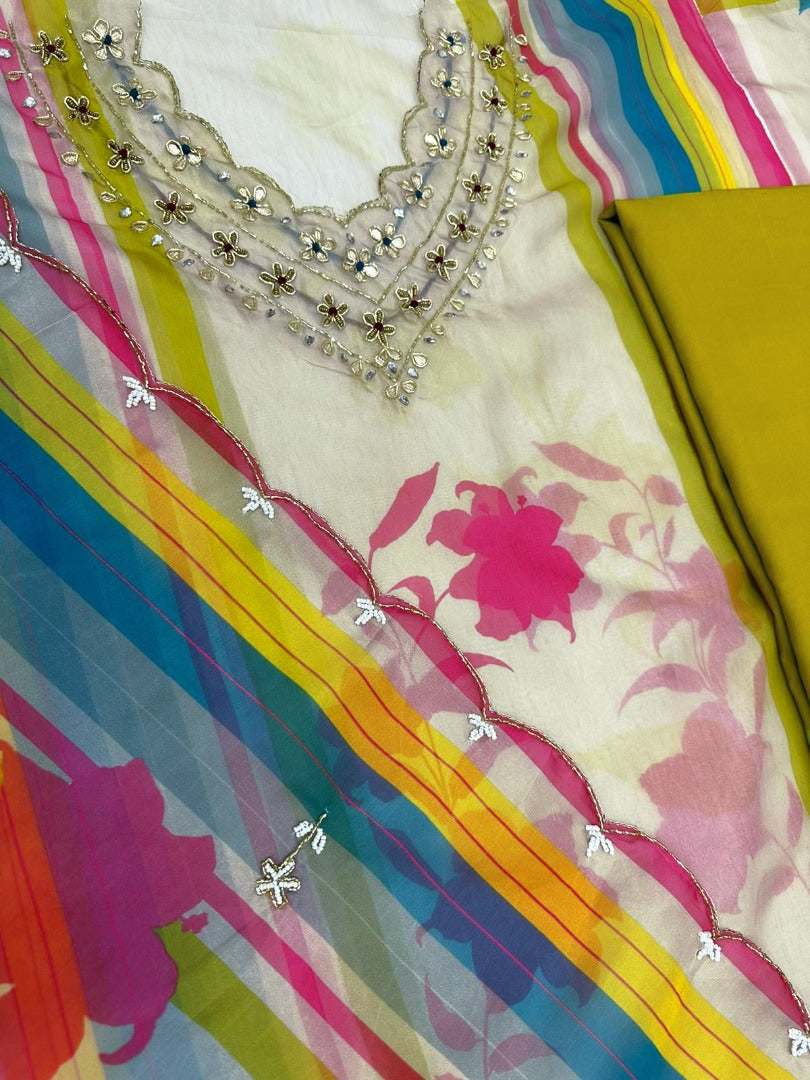 Multicolor tabby silk printed and handwork salwar suit