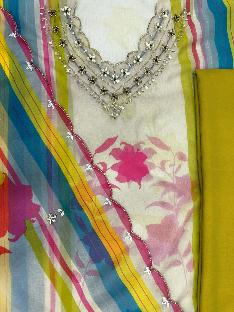 Multicolor tabby silk printed and handwork salwar suit