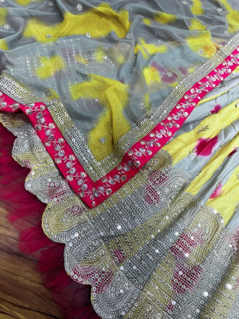 Multicolor tapeta silk print and embroidery work wedding lehenga choli