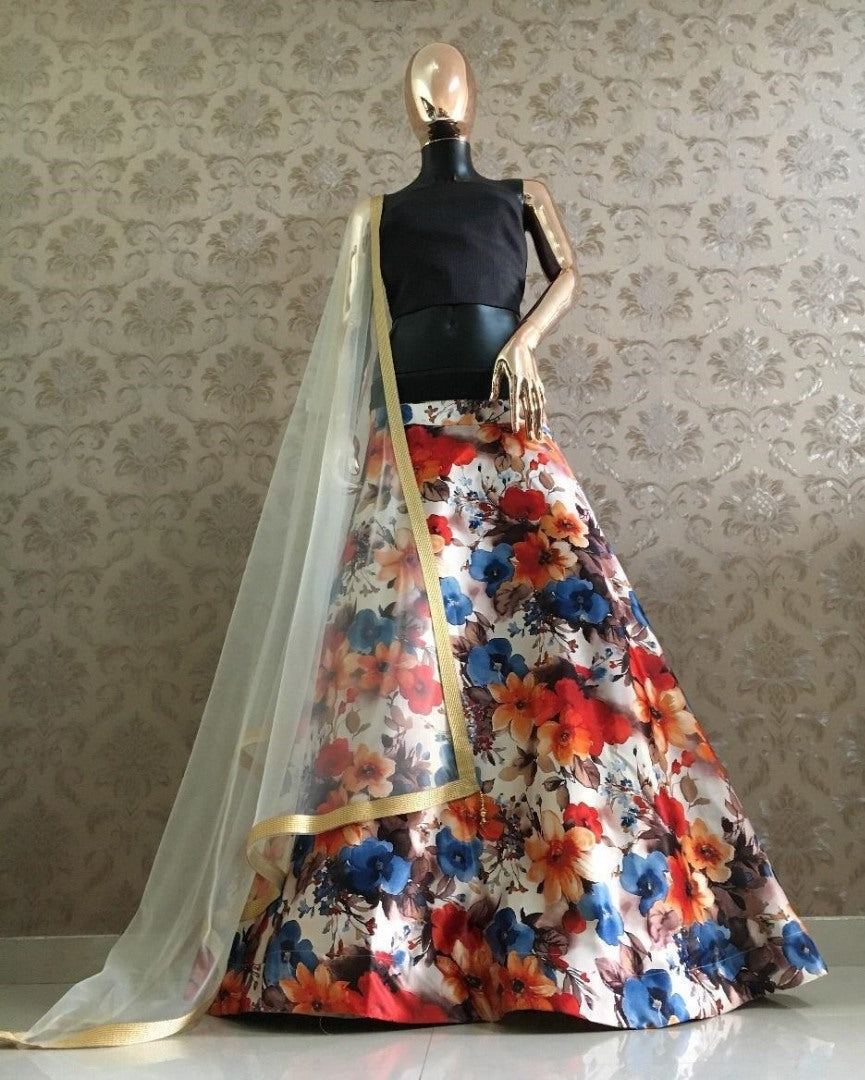 Multicolor zari satin floral printed lehenga choli