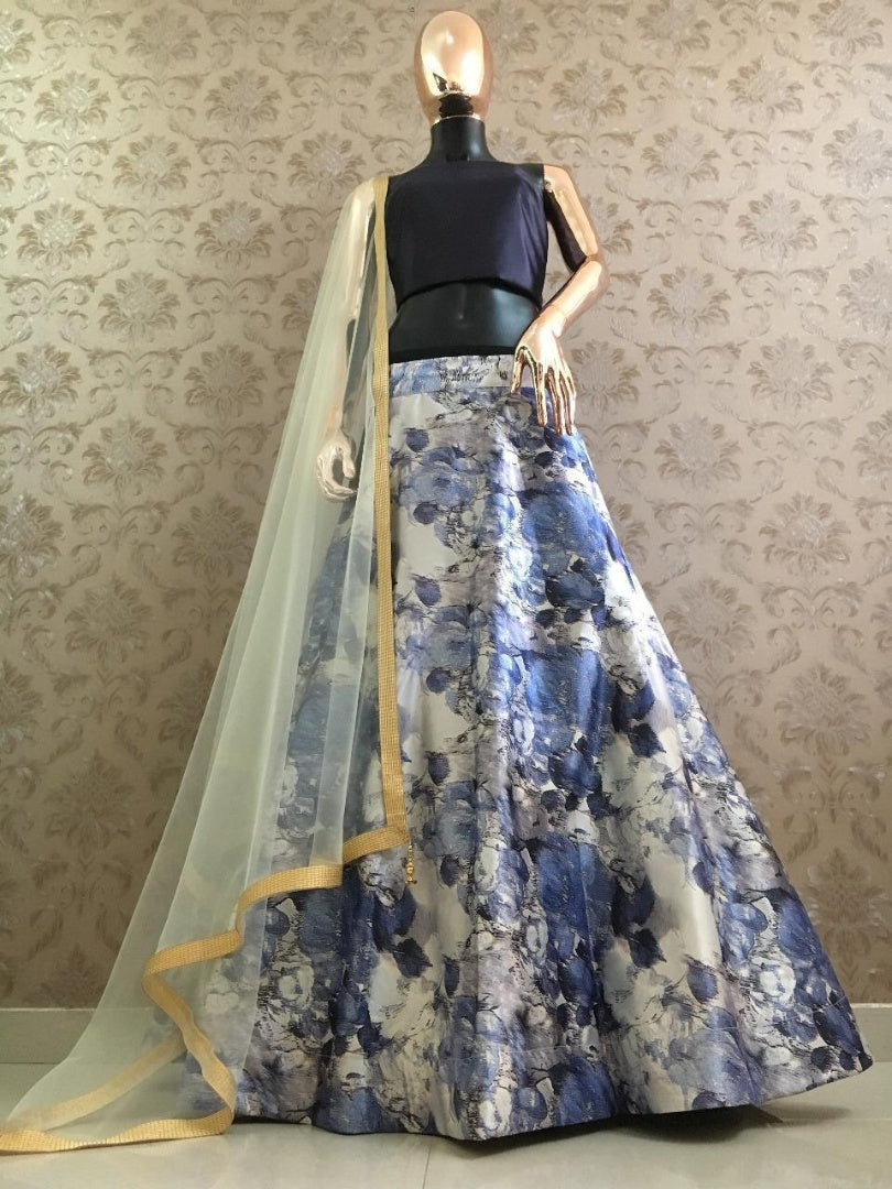 Multicolored digital printed zari satin crop top lehenga