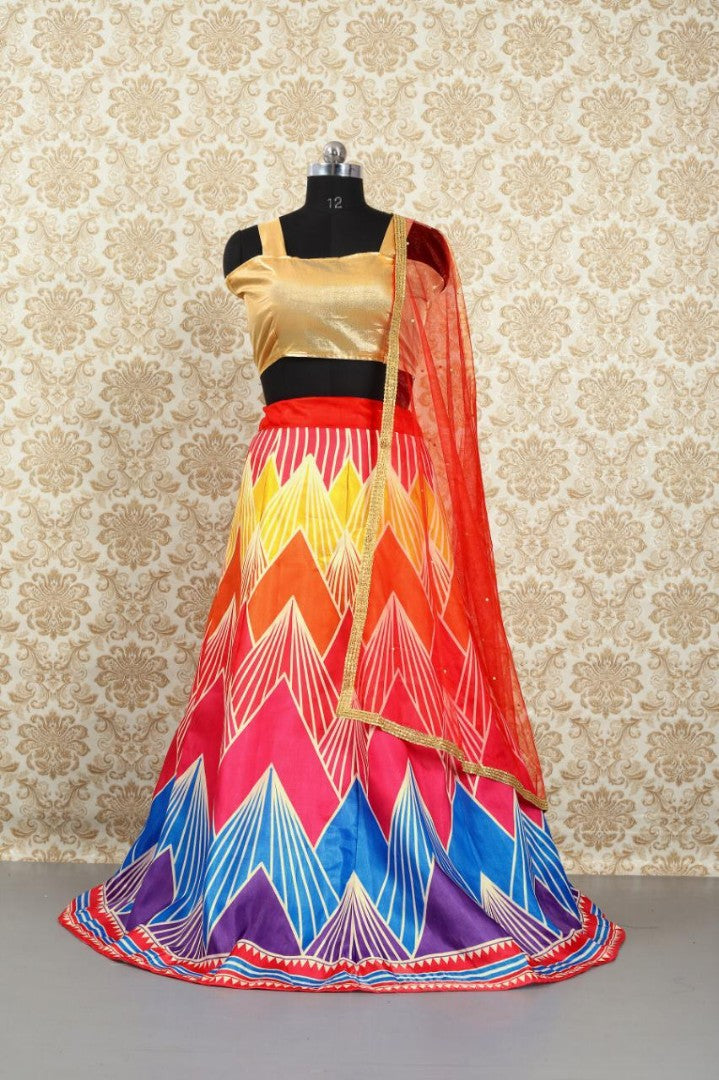 multicolored print banglori satin stylist ceremonial lehenga