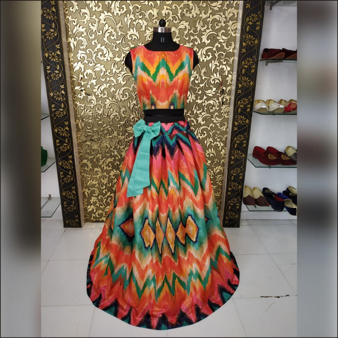 multicolored satin banglory festival wear croptop lehenga