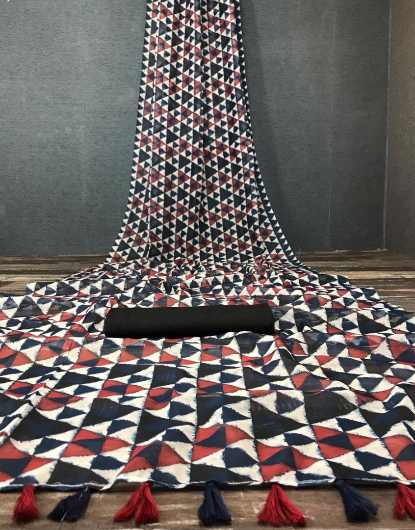 Multicolour chanderi linen digital printed cotton tussles work saree