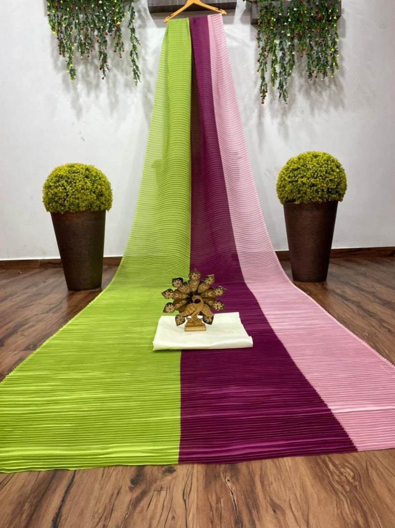Multicolour chinon pleating and printing work party wear saree