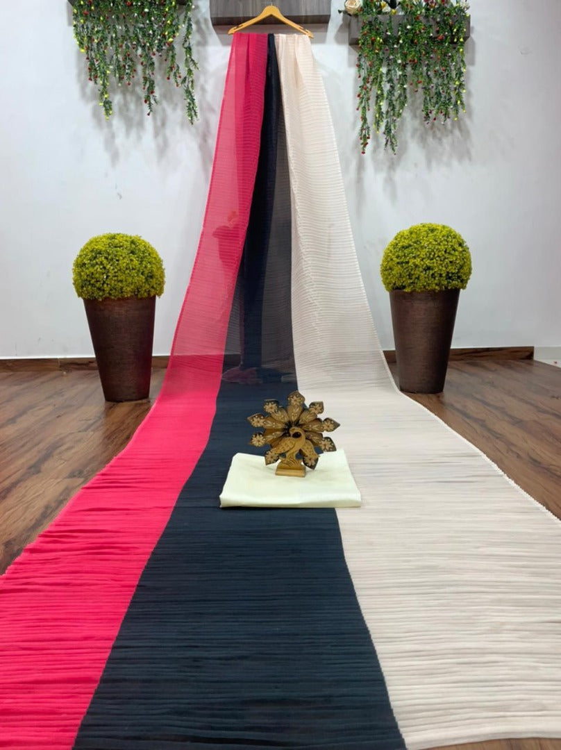 Multicolour chinon pleating and printing work party wear saree