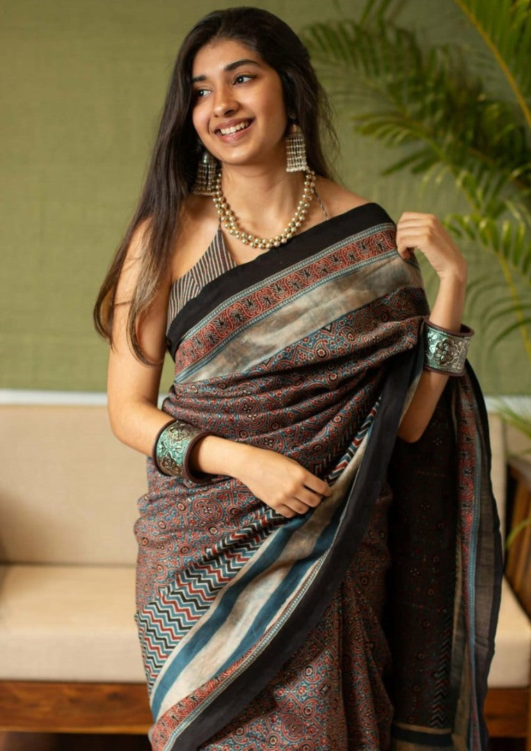 Multicolour premium linen ajrakh digital printed work saree