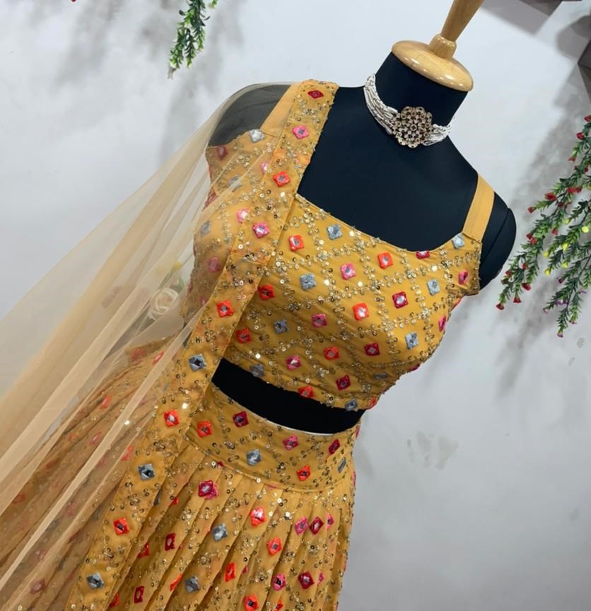 Mustard yellow georgette sequence embroidered work lehenga choli